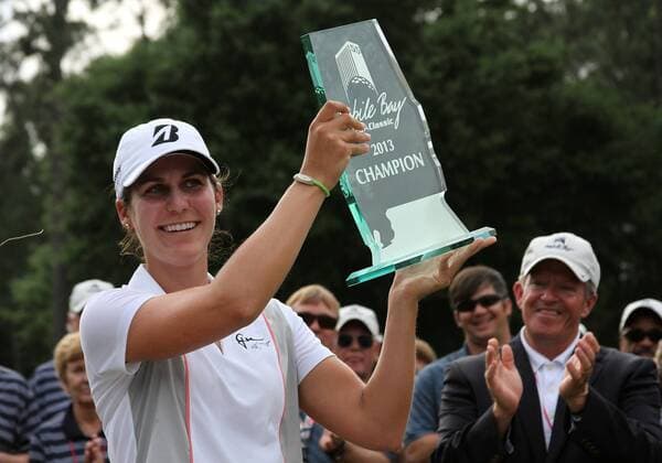 May 19, 2013: Jennifer Johnson of Carlsbad, CA holds up her trophy after winning the Mobile Bay LPGA Golf Damen Classic at Magnolia Grove Golf Course in Mobile, AL. GOLF: MAY 19 LPGA Golf Damen - Mobile Bay LPGA Golf Damen Classic - Final Round Icon135190323 EDITORIAL USE ONLY