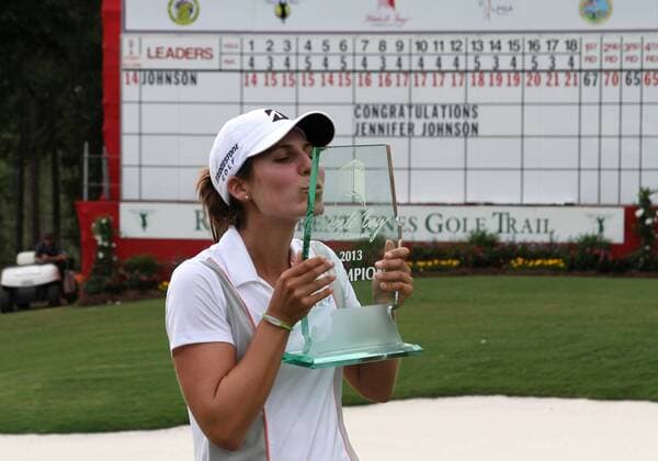 May 19, 2013: Jennifer Johnson of Carlsbad, CA kisses her trophy after winning the Mobile Bay LPGA Golf Damen Classic at Magnolia Grove Golf Course in Mobile, AL. GOLF: MAY 19 LPGA Golf Damen - Mobile Bay LPGA Golf Damen Classic - Final Round Icon135190325 EDITORIAL USE ONLY