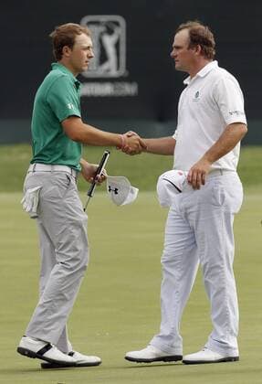 May 23, 2013 - Fort Worth, TX, USA - Jordan Spieth, left, and Nicholas Thompson shake hands after completing the first round in the opening round of the Crowne Plaza Invitational at Colonial, Thursday May 23, 2013, in Fort Worth, Texas. Colonial First Round - ZUMAm67