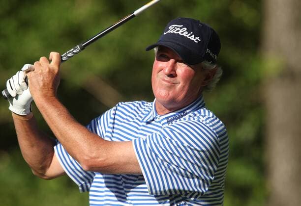 Russ Cochran of Paducah, KY hits his tee shot on the ninth hole of the second round of the 74th Senior PGA Golf Herren Championship in St. Louis on May 23, 2013. Cochran ended his day tied for the lead at seven under par.  SLP2013052402