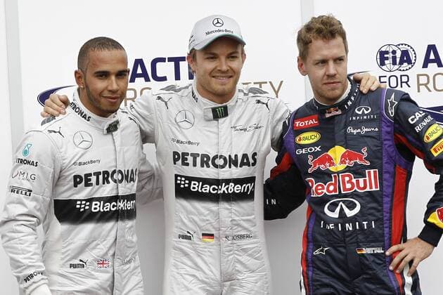 Motorsports: FIA Formula One World Championship 2013, Grand Prix of Monaco, 10 Lewis Hamilton (GBR, Mercedes AMG Petronas F1 Team), 9 Nico Rosberg (GER, Mercedes AMG Petronas F1 Team), 1 Sebastian Vettel (GER, Infiniti Red Bull Racing), xHOCHxZWEIx