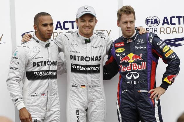Motorsports: FIA Formula One World Championship 2013, Grand Prix of Monaco, 10 Lewis Hamilton (GBR, Mercedes AMG Petronas F1 Team), 9 Nico Rosberg (GER, Mercedes AMG Petronas F1 Team), 1 Sebastian Vettel (GER, Infiniti Red Bull Racing), xHOCHxZWEIx