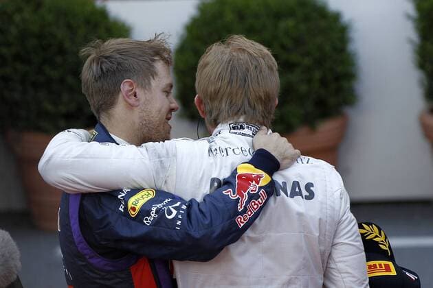 Motorsports: FIA Formula One World Championship 2013, Grand Prix of Monaco, 1 Sebastian Vettel (GER, Infiniti Red Bull Racing), 9 Nico Rosberg (GER, Mercedes AMG Petronas F1 Team), xHOCHxZWEIx