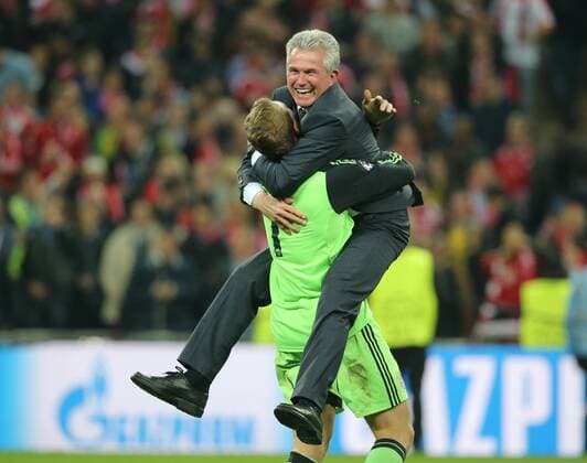 London, Grossbritannien, Herren Fussball, UEFA Champions League finale, Borussia Dortmund vs FC Bayern München, 25.05.2013, Wembley London, Manuel Neuer, Jupp Heynckes, jubeln,