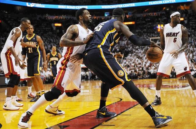 May 30, 2013 - Miami, FL, USA - The Miami Heat s Udonis Haslem defends the Indiana Pacers Roy Hibbert in the first quarter in Game 5 of the Eastern Conference finals on,Thursday, May 30, 2013, at AmericanAirlines Arena in Miami, Florida. Game 5: Indiana at Miami - ZUMAm67