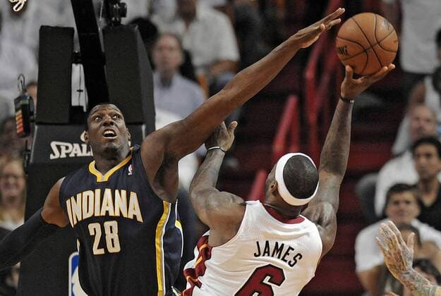 May 30, 2013 - Miami, FL, USA - The Indiana Pacers Ian Mahinmi (28) makes the Miami Heat s LeBron James (6) change his shot during the second quarter in Game 5 of the Eastern Conference finals on,Thursday, May 30, 2013, at AmericanAirlines Arena in Miami, Florida. Game 5: Indiana at Miami - ZUMAm67