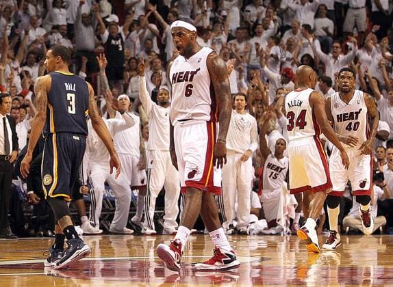 May 30, 2013 - Miami, FL, USA - The Miami Heat s LeBron James (6) celebrates after hitting a 3-pointer over the Indiana Pacers George Hill (3) in the third quarter in Game 5 of the Eastern Conference finals on Thursday, May 30, 2013, at AmericanAirlines Arena in Miami, Florida. Game 5: Indiana at Miami - ZUMAm67
