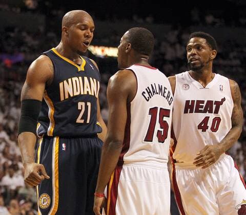 May 30, 2013 - Miami, FL, USA - The Miami Heat s Udonis Haslem, right,intervenes as the Indiana Pacers David West (21) exchanges words with Mario Chalmers (15) in the third quarter in Game 5 of the Eastern Conference finals on Thursday, May 30, 2013, at AmericanAirlines Arena in Miami, Florida. The Heat won, 90-79, to take a 3-2 series lead. Game 5: Indiana at Miami - ZUMAm67