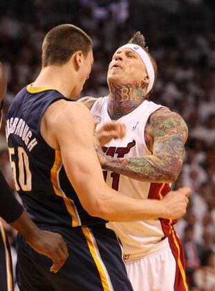 May 30, 2013 - Miami, FL, USA - The Miami Heat s Chris Andersen (11) shoves the Indiana Pacers Tyler Hansbrough (50) in the second quarter in Game 5 of the Eastern Conference finals on Thursday, May 30, 2013, at AmericanAirlines Arena in Miami, Florida. Game 5: Indiana at Miami - ZUMAm67