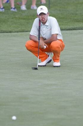 May 30, 2013: Guan Tianlang contemplates an upcoming putt during the first round of The Memorial Tournament at Muirfield Village Golf Club in Dublin, Ohio PGA Golf Herren 2013: The Memorial Tournament MAY 30 - ZUMAct5