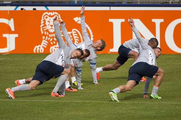(L-R) Ricky van Wolfswinkel of Holland, Wesley Sneijder of Holland, Dirk Kuyt of Holland, Johnny Heitinga of Holland, Erik Pieters of Holland during the training session of the Netherlands on June 3, 2013 at Sportpark Nieuw Zuid inKatwijk aan Zee, The Netherlands. Training session Netherlands Friendly 2012 2013 xVIxLaurensxLindhoutxIVx 1592232