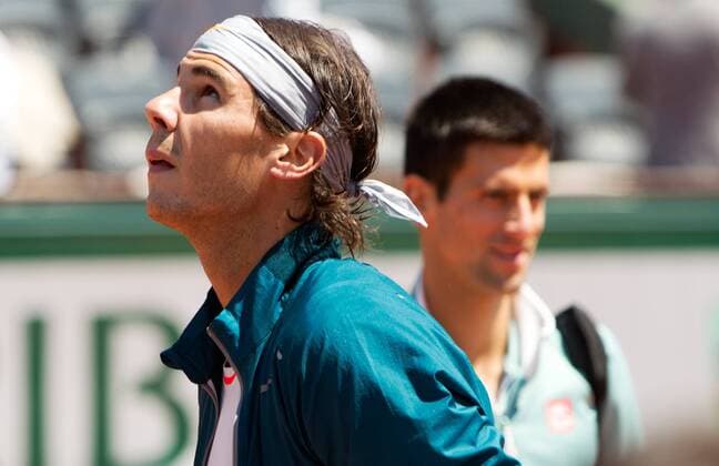 TENNIS - ATP, French Open 2013 PARIS,FRANKREICH,07.JUN.13 - TENNIS - ATP Tennis Herren World Tour, Grand Slam, Roland Garros, French Open. Bild zeigt Rafael Nadal (ESP) und Novak Djokovic (SRB). 