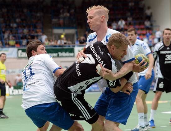 08.06.2013, xjhx, Handball HBL, TV Grosswallstadt - THW Kiel, v.l. Maximilian Holst (TV Grosswallstadt), Gudjon Valur Sigurdsson (THW Kiel), Joakim Larsson (TV Grosswallstadt)