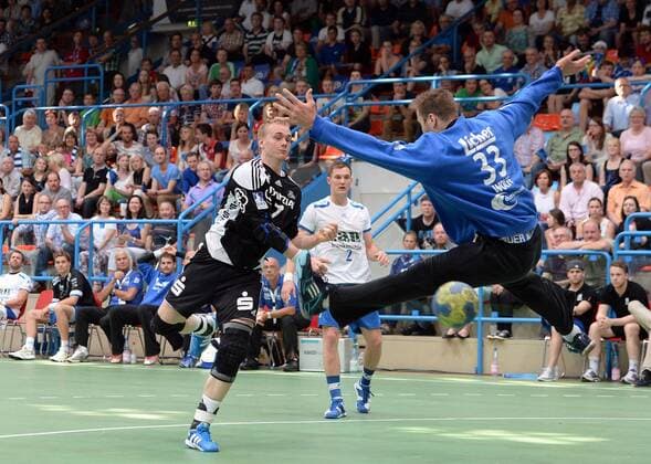 08.06.2013, xjhx, Handball HBL, TV Grosswallstadt - THW Kiel, v.l. Rene Toft Hansen (THW Kiel), Andreas Wolff (TV Grosswallstadt)