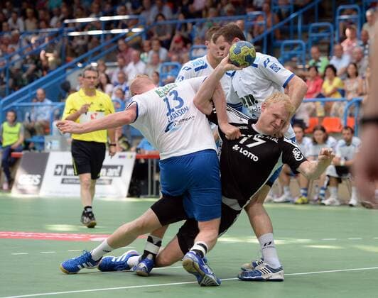 08.06.2013, xjhx, Handball HBL, TV Grosswallstadt - THW Kiel, v.l. Joakim Larsson (TV Grosswallstadt), Patrick Wiencek (THW Kiel)