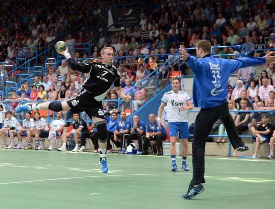 08.06.2013, xjhx, Handball HBL, TV Grosswallstadt - THW Kiel, v.l. Rene Toft Hansen (THW Kiel), Andreas Wolff (TV Grosswallstadt)
