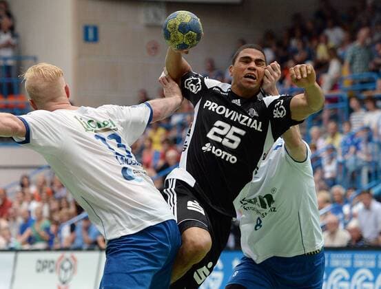 08.06.2013, xjhx, Handball HBL, TV Grosswallstadt - THW Kiel, v.l. Joakim Larsson (TV Grosswallstadt), Daniel Narcisse (THW Kiel), David Graubner (TV Grosswallstadt)