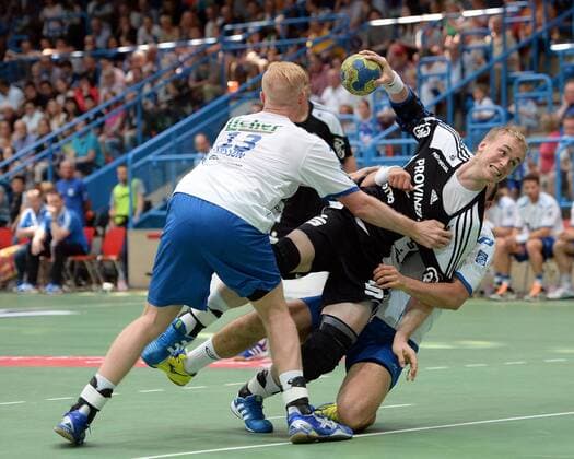 08.06.2013, xjhx, Handball HBL, TV Grosswallstadt - THW Kiel, v.l. Joakim Larsson (TV Grosswallstadt), Patrick Wiencek (THW Kiel)