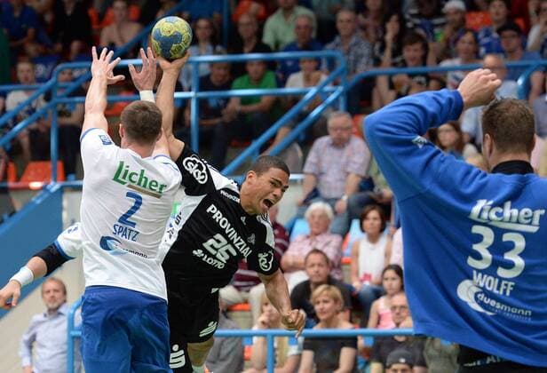 08.06.2013, xjhx, Handball HBL, TV Grosswallstadt - THW Kiel, v.l. Michael Spatz (TV Grosswallstadt), Daniel Narcisse (THW Kiel), Andreas Wolff (TV Grosswallstadt)