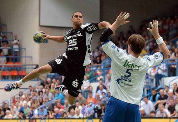 08.06.2013, xjhx, Handball HBL, TV Grosswallstadt - THW Kiel, v.l. Daniel Narcisse (THW Kiel), Steffen Bühler (TV Grosswallstadt)