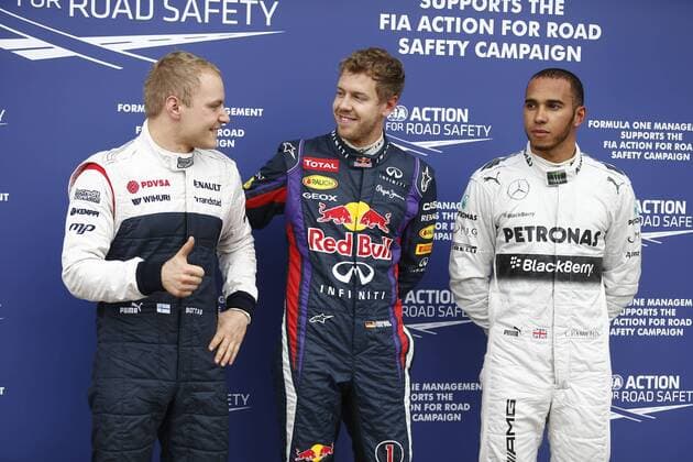 Motorsports: FIA Formula One World Championship 2013, Grand Prix of Canada, 17 Valtteri Bottas (FIN, Williams F1 Team), 1 Sebastian Vettel (GER, Infiniti Red Bull Racing), 10 Lewis Hamilton (GBR, Mercedes AMG Petronas F1 Team), xHOCHxZWEIx