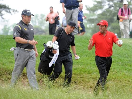 June 10, 2013 - Ardmore, PA, USA - Lee Westwood, left, and Jose Maria Olazabel talk as they walk up the 5th fairway during a practice round for the U.S. Open on Monday, June 10, 2013, At Meriod Golf Club in Ardmore, Pennsylvania. U.S. OPEN PRACTICE ROUNDS - ZUMAm67