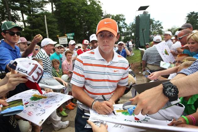 June 11, 2013 - Ardmore, Pennsylvania U.S. - RORY MCILROY signs autographs during a practice day for the U.S. Open golf championship at Merion Golf Club. Golf 2013 - US Open - Preparations - ZUMAm67