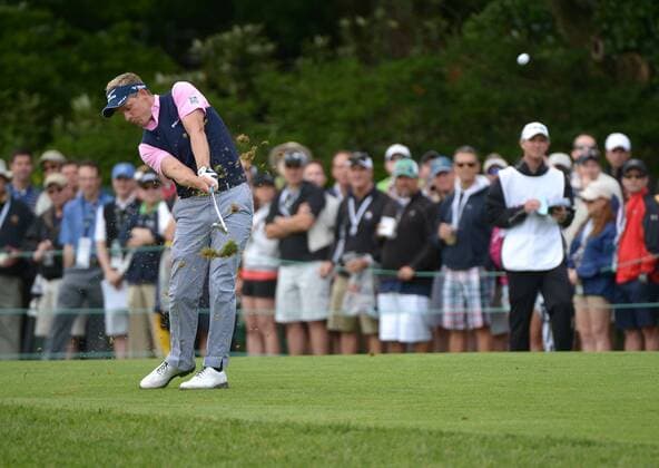Luke Donald hits on the 15th fairway during the second round 113th U.S. Open Championship at Merion Golf Club in Ardmore, Pennsylvania on June 14, 2013.  PHI20130614314