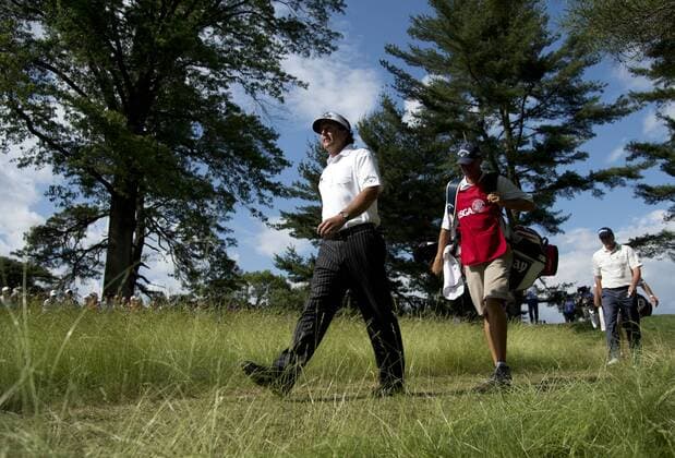 Phil Mickelson walks off of the 5th tee box during the second round 113th USA Open Championship at Merion Golf Club in Ardmore, Pennsylvania on June 14, 2013.  PHI20130614336