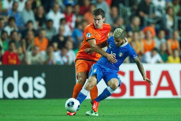 (L-R) Kevin Strootman of Holland U21, Lorenzo Insigne of Italy U21 during the UEFA EURO U21 championship semi-final match between Italy and Netherlands on June 15, 2013 at the HaMoshava stadium at Petach Tikva, Israel. Italy U21 v Holland U21 UEFA EURO U21 2012 2013 xVIxxIVx 1608027