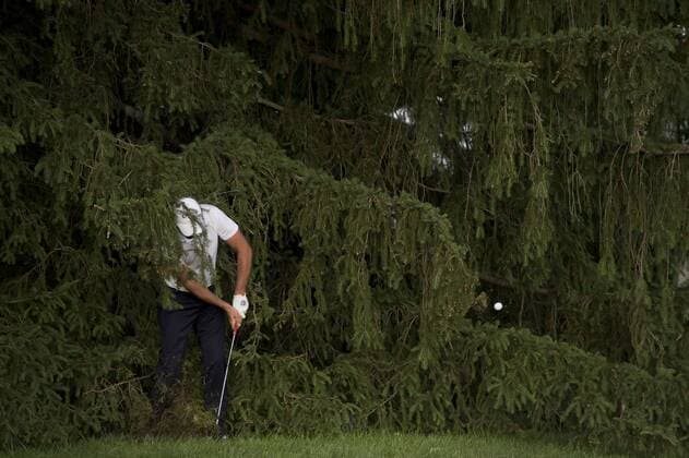 Nicolas Colsaerts hits from inside a tree on the 18th fairway, during the third round 113th U.S. Open Championship at Merion Golf Club in Ardmore, Pennsylvania on June 15, 2013.  PHI20130615320