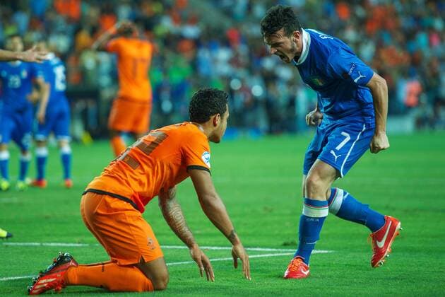 (L-R) Memphis Depay of Holland U21, Alessandro Florenzi of Italy U21 during the UEFA EURO U21 championship semi-final match between Italy and Netherlands on June 15, 2013 at the HaMoshava stadium at Petach Tikva, Israel. Italy U21 v Holland U21 UEFA EURO U21 2012 2013 xVIxxIVx 1608259