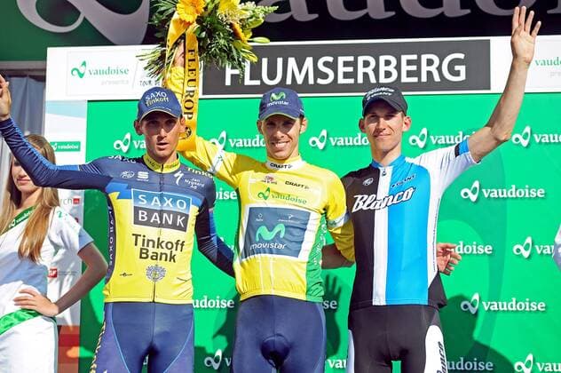 Podium v.l.n.r. - (3.) Roman KREUZIGER ( CZE Team Saxo Bank - Tinkoff Bank ) - (1.) Rui COSTA ( POR Movistar Team ) - (3.) Bauke MOLLEMA ( NED Blanco ) - Siegerehrung - quer - Event: Tour de Suisse 2013 - 9.Etappe: Bad Ragaz nach Flumserberg - Bergzeitfahren - Einzelzeitfahren 26.8 km - Location: Schweiz - Europa - Datum: 16.06.2013
