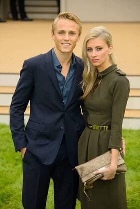 Burberry Prorsum Menswear Spring Summer 2014 Collection. Max Chilton with girlfriend Chloe Roberts arrives for Burberry Prorsum Menswear Spring Summer 2014 Collection, Perks Field, Kensington Gardens, London, United Kingdom Tuesday, 18th June 2013 Picture by Chris Joseph i-Images ChrisxxJosephx xi-Images  IIM-0112-0029