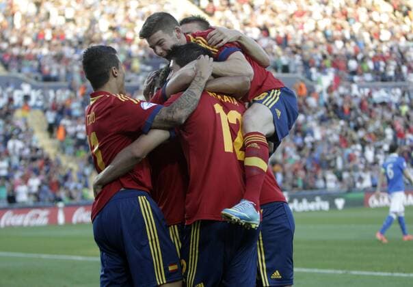 match of the U-21 European Cup played between Italy and Spain. In this picture, Spanish players celebration. xCARLOSxBARAJASx 
