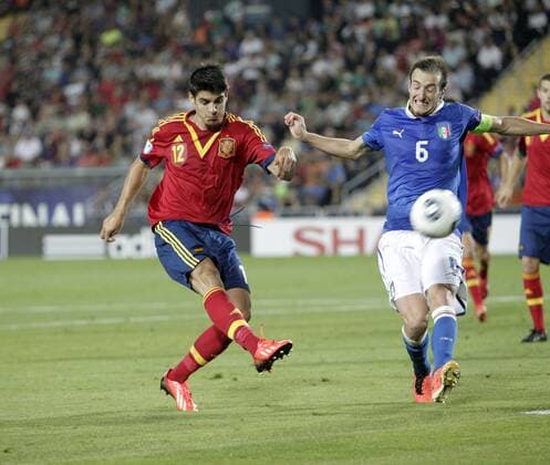 Final match of the U-21 European Cup played between Italy and Spain. In this picture, Morata (L) und Luca Caldirola - xCARLOSxBARAJASx 