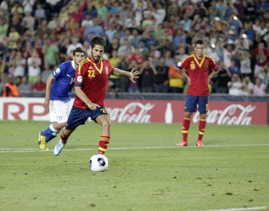 Final match of the U-21 European Cup played between Italy and Spain. In this picture, Isco scores his goal. xCARLOSxBARAJASx 