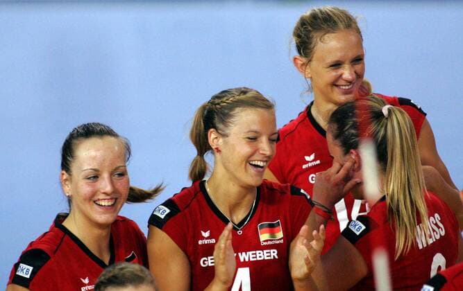 21.06.2013 Subotica(Serbia) Israel-Germany CEV European League Women volleyball Denise Hanke(L) with Maren Brinker(c) and Margareta Anna Kozuch(r) Germany celebrate victory after match : 