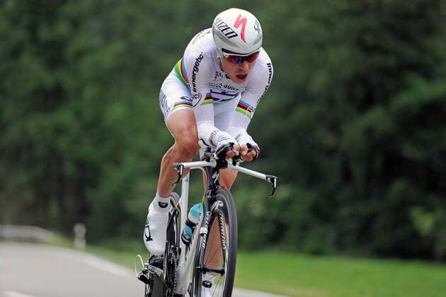 Tony MARTIN ( GER Omega Pharma - Quick Step ) im Trikot des amtierenden Weltmeisters im Einzelzeitfahren wiederholt seinen Vorjahreserfolg im Zeitfahren bei den Deutschen Meisterschaften in Wangen - Aktion - quer - Event: Deutsche Meisterschaften 2013 - Einzelzeitfahren - I.T.T. - Zeitfahren - Contre la Montre - Individual Time Trial - Location: Deutschland - Wangen - Bayern - Europa - Datum: 21.06.2013