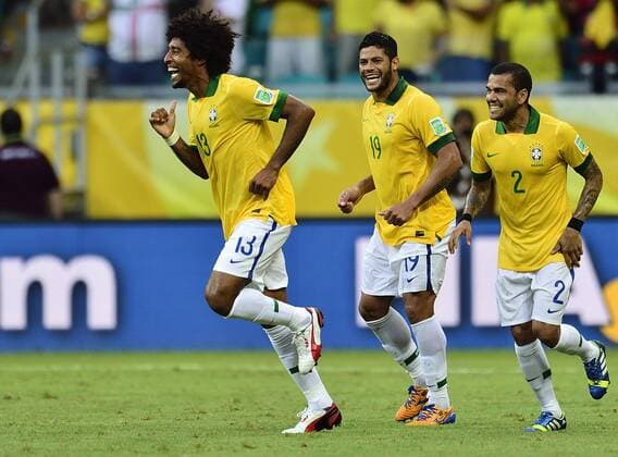 June 22, 2013 - Salvador, Bahia, Brazil - The Brazil defender DANTE, (left) celebrating his score, follow by HULK, (center) and DANI ALVES, (right) during the match Between Brazil vs Italy at Arena Fonte Nova Stadium. Soccer 2013- Confederations Cup Brazil 2013 - Brazil vs Italy.  - ZUMAm11