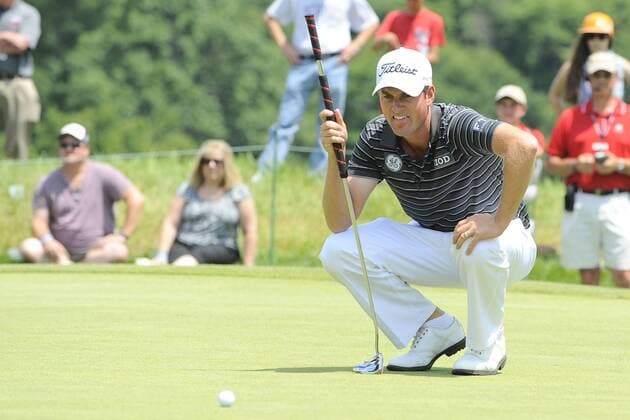 June 22, 2013 - Cromwell, Connecticut, USA - Jun 22, 2013 - Cromwell, Connecticut, U.S. - Webb Simpson reads his putt on the 2nd green during the third round of the PGA Golf Herren Travelers Championship held at TPC River Highland in Cromwell Connecticut. Simpson finished the round 2+ over par 72 placing him in a seven way tie for 25th place in the tournament. Eric Canha CSM PGA Golf Herren 2013: Travelers Championship JUN 22 - ZUMAc04