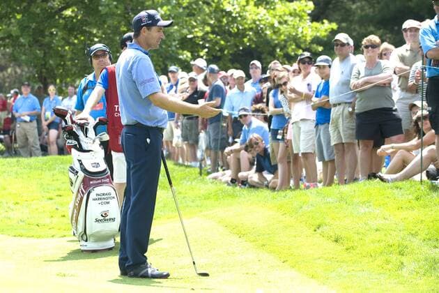 June 22, 2013 - Cromwell, Connecticut, USA - Jun 22, 2013 - Cromwell, Connecticut, U.S. - After having been interrupted multiple times by the same cellular ringtone Padraig Harrington of Ireland appeals to the spectators on the 4th green directly during the third round of the PGA Golf Herren Travelers Championship held at TPC River Highland in Cromwell Connecticut. Harrington finished the day shooting a 72 and a five way tie for 14th place. Eric Canha CSM PGA Golf Herren 2013: Travelers Championship JUN 22 - ZUMAc04