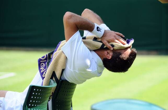 Tennis - 2013 Wimbledon Championships - Mens Singles First Round on Court 18. Ivan Dodig - Croatia after taking the match to a 5th set 