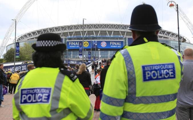Security in front of the stadium before the final of the Champions league between Borussia Dortmund and FC Bayern Munich, Wembley Stadium in London on May 25., 2013.