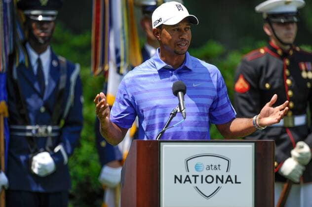 June 26, 2013 - Pro golfer Tiger Woods speaks to the crowd at the opening ceremonies during Pro-Am play at Congressional Country Club in Bethesda MD. Golf 2013: AT&T National Pro-Am JUN 26 - ZUMAcjm