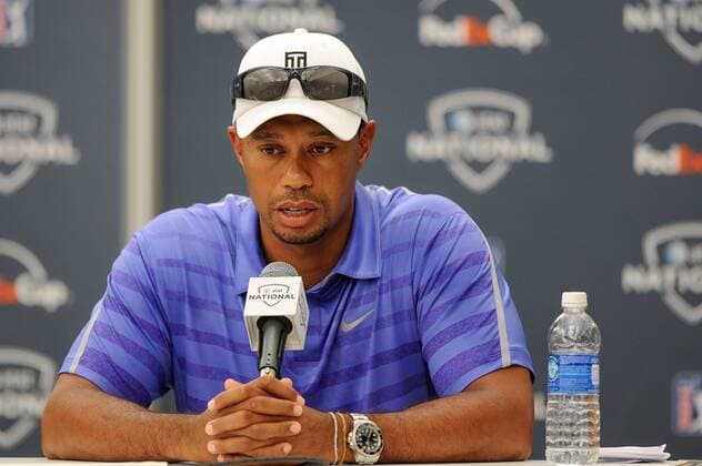 June 26, 2013 - Pro golfer Tiger Woods addresses the media during a press conference at Pro-Am day at Congressional Country Club in Bethesda MD. Woods is sidelined from his own event after suffering an elbow injury during US Open play several weeks prior. Golf 2013: AT&T National Pro-Am JUN 26 - ZUMAcjm