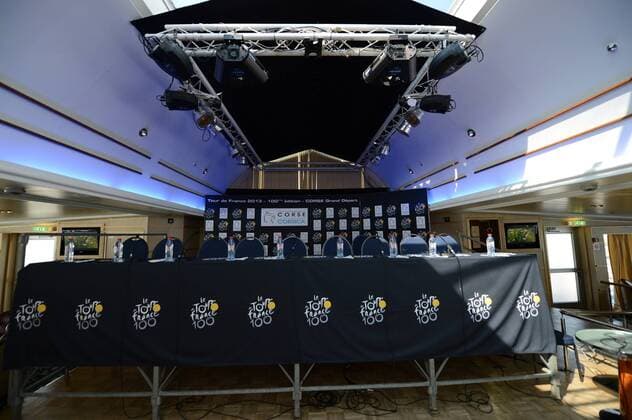 Tour de France 2013. Korsika, Porto Vecchio. Pressekonferenz an Bord einer Fähre der Corsica Ferries. 