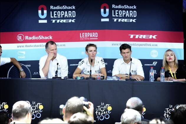 Kim Andersen (Denmark Director Team Radioshack Leopard), Andy Schleck (Luxemburg Team Radioshack Leopard) - Flavio Becca (Luxembourg Teammanager Radioshack Leopard) - Radioshack Leopard - Tour De France - Porto Vecchio - 27 06 2013 Photonews Panoramic 