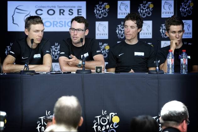 Tony Martin (Germany Team Omega Pharma - Quickstep), Mark Cavendish (Great Britain Team Omega Pharma - Quickstep), Sylvain Chavanel (France Team Omega Pharma - Quickstep) - Michal Kwiatkowski (Poland Team Omega Pharma - Quickstep) CYCLISME : Equipe Omega Pharma Quickstep - Tour De France - Porto Vecchio - 27 06 2013 Photonews Panoramic 