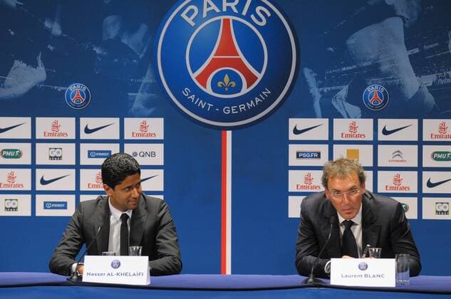 Nasser Al Khelaifi - president du PSG Laurent Blanc - entraineur FOOTBALL : presentation de Laurent Blanc - new coach of du PSG - 27 06 2013 JBAutissier Panoramic 